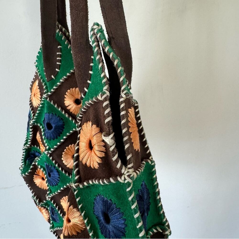 Vintage Boho Suede Crochet Granny Square Bag Blue Brown Green - Picture 5 of 9